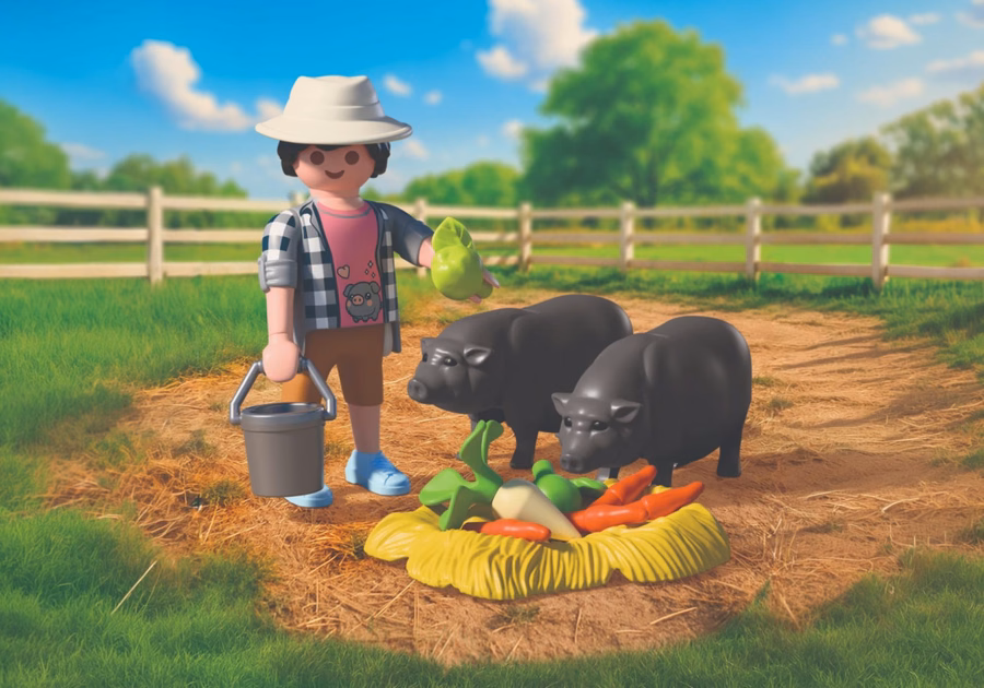 Farmer with Potbellied Pigs